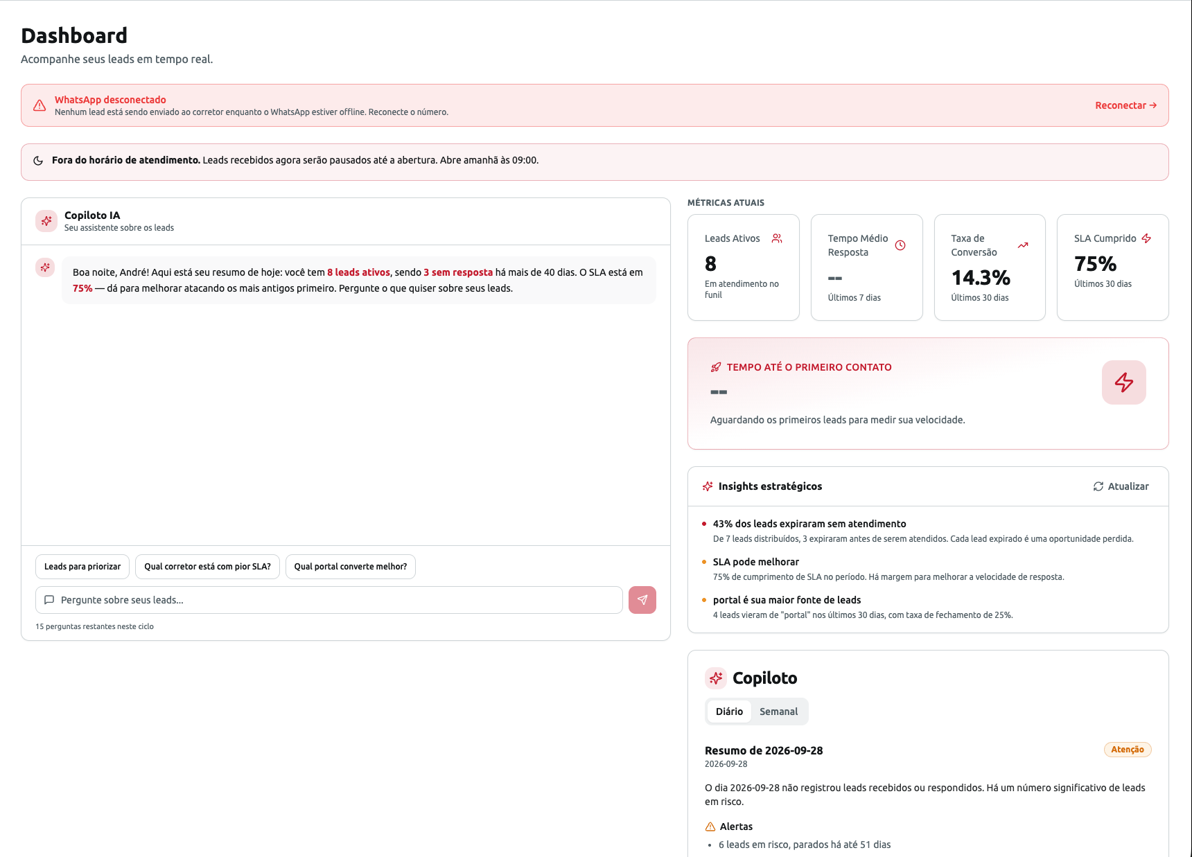 Tela do LeadControl: Dashboard Conversacional